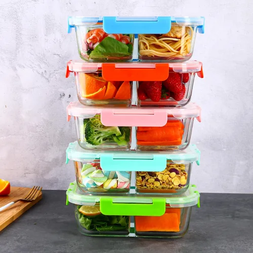 Vista 6 de Paquete de 5 recipientes de vidrio de 30 onzas para preparación de comidas, 2 compartimentos de almacenamiento de alimentos con tapas, cajas Bento