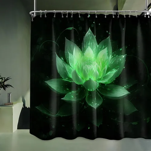 Vista 58 de Cortina de ducha con flores de loto negro y azul para decoración de baño, juego de cortinas decorativas de baño con estampado floral, tela