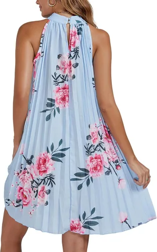 Vista 2 de Vrtige Vestido corto de mujer con cuello halter floral, plisado, sin mangas, dobladillo fluido, acampanado, para mujer