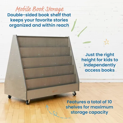 Vista 4 de ECR4Kids Mobile Double-Sided 10-Shelf Wooden Book Display, Grey Wash Durable birch, GREENGUARD Gold Certified, 40lb capacity, 10 shelves for