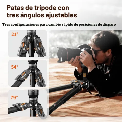 Vista 6 de COMAN T1S - Trípode de fibra de carbono abierto a presión, trípode profesional para cámara con cabeza de bola, trípode de video de 65 pulgadas