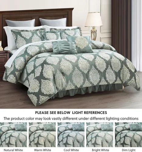 Vista 5 de Sterling Creek Trinity - Juego de edredón de lujo de 7 piezas, edredón tradicional de medallón jacquard gris y verde con cojines decorativos