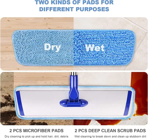 Vista 2 de Mopa profesional de microfibra de 45,7 cm para limpieza de pisos, fregona plana con mango de acero inoxidable, 4 almohadillas lavables reutilizables