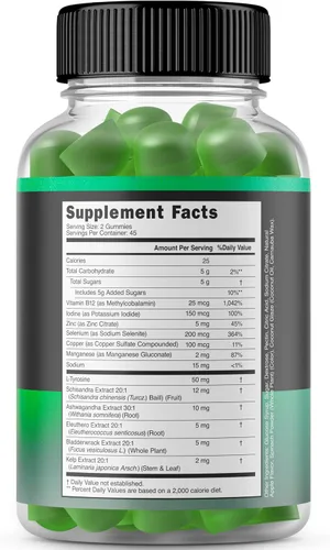 Vista 2 de Apoyo tiroideo para mujeres y hombres (90 gomitas) Ashwaganda, yodo, vejiga, algas y schisandra - Suplemento de apoyo, delicioso sabor a manzana