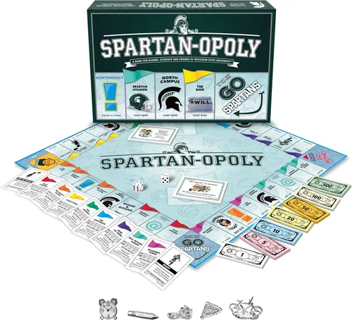 Vista 3 de Late for the Sky Spartanopoly - Juego de estrategia de la Universidad MSU Campus - Juego de mesa temático para 2-6 jugadores con estatua de fiesta