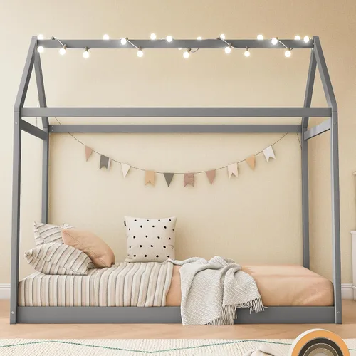 Vista 3 de Merax Cama de casa de madera, cama de piso con listones de madera, no necesita somier, tamaño individual, gris