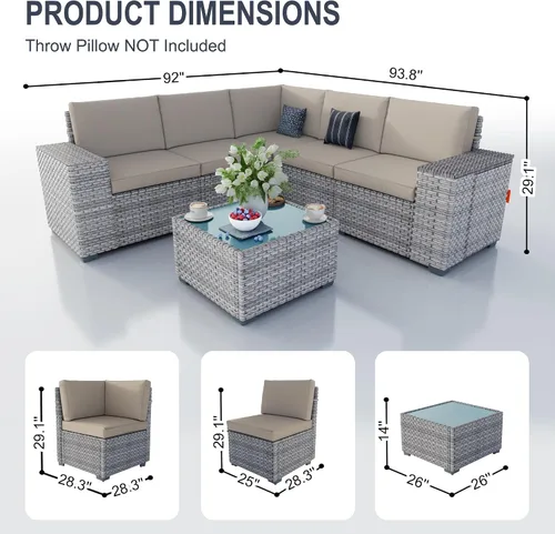 Vista 3 de Juego de muebles de patio de 6 piezas, sofá modular para exteriores con reposabrazos anchos, sofá de grupo de asientos de mimbre con mesa auxiliar