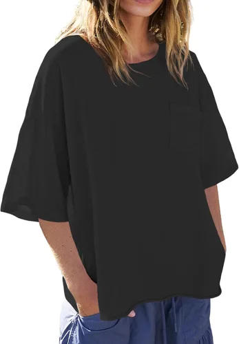 Vista 2 de Tankaneo Camisetas de media manga para mujer, con hombros caídos, cuello redondo, casual, holgadas, básicas