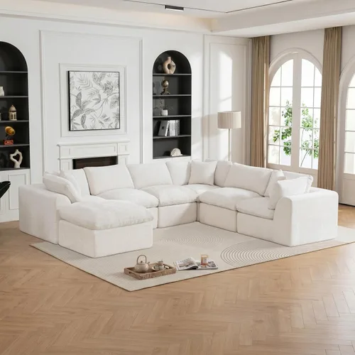 Vista 22 de Sofás de nube beige para sala de estar, sofá deshuesado de 3 plazas, sofá modular seccional, no requiere montaje, tapizado de chenilla, moderno