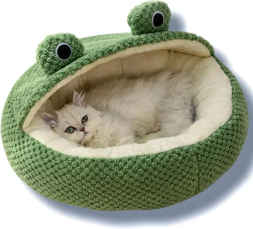 Vista 7 de Linda cama de felpa para gatos 2023, redonda, esponjosa, Kawaii para mascotas, cálida y acogedora, para alivio de articulaciones, lavable (verde 1)