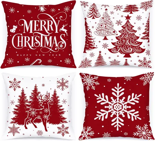Vista 17 de Lanpn Juego de 4 fundas de almohada de Navidad negras de 12 x 12 pulgadas, fundas de almohada decorativas de invierno, cojín de árbol de Navidad