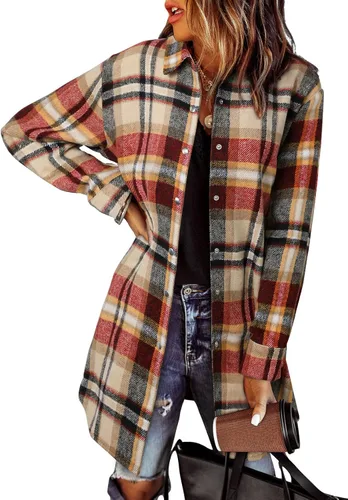 Vista 24 de EVALESS Chamarra Shacket de Cuadros con Bloques de Color para Mujer, Ropa de Otoño, Conjuntos de Moda 1b marrón