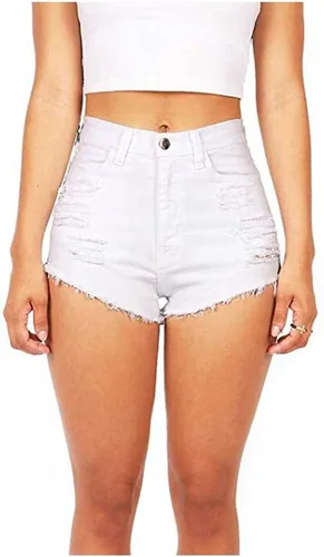 Vista 2 de Pantalones cortos de mezclilla de cintura alta para mujer, sexy, desgastados, para vacaciones, playa, pantalones cortos rasgados, con dobladillo sin