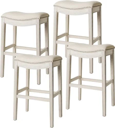 Vista 13 de Maven Lane Adrien Taburete de bar sin espalda, juego de 2, asiento de silla de montar de 31 pulgadas con reposapiés, marco de madera maciza marrón