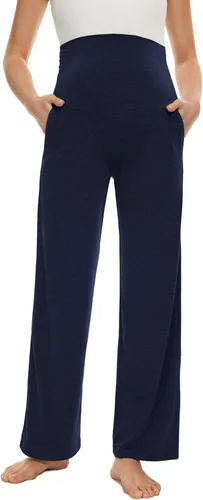 Vista 17 de Ecavus Pantalones de maternidad anchos y rectos para mujer, versátiles, cómodos, palazzo, elásticos, con bolsillos