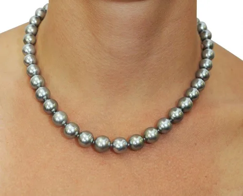 Vista 3 de THE PEARL SOURCE 14K Gold 9-11mm AAAA Quality Round Genuine Silver White Tahitian South Sea Cultured Pearl Necklace in 16" Choker Length for Women