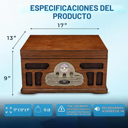 Vista 6 de SoundBeast Tocadiscos todo en uno con reproductor de discos de 3 velocidades, Bluetooth, CD, cinta de casete, radio AM/FM, USB, bocinas integradas