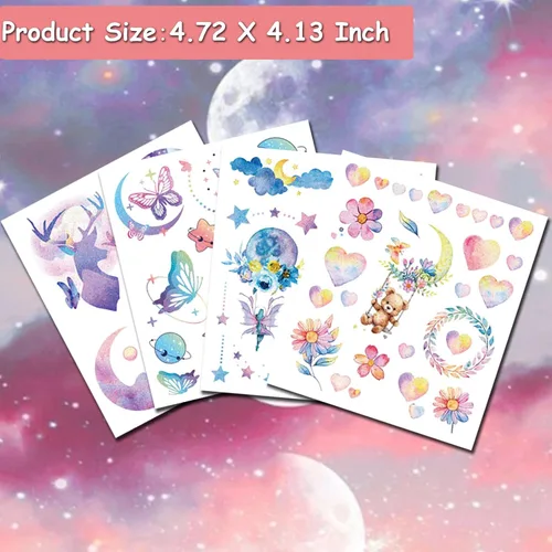 Vista 3 de Tatuajes con purpurina para niñas y mujeres, 12 hojas con purpurina de mariposa, luna, flores, sirena, tatuajes temporales para niñas, suministros