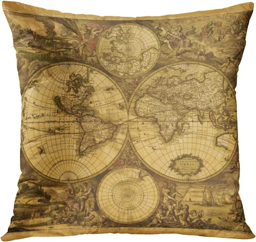 Vista 3 de ArtSocket Juego de 4 fundas de almohada vintage con mapa del viejo mundo, cartografía, descubrimiento de sepia antiguo, continentes políticos
