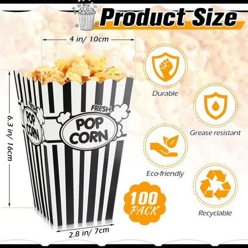 Vista 2 de Xinnun 100 piezas Cajas de palomitas de maíz 32oz Cubos de papel clásicos con rayas desechables a prueba de aceite Caja abierta retro