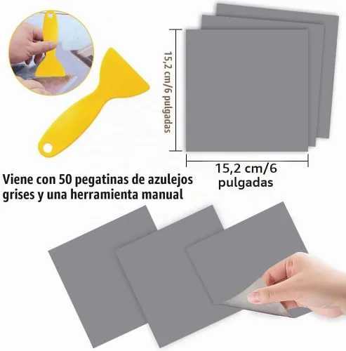 Vista 4 de Calcomanías de azulejos, 50 piezas adhesivas tipo pelar y pegar de 6'' x 6'' autoadhesivas, adhesivo para pared impermeable y a prueba de aceite Gris