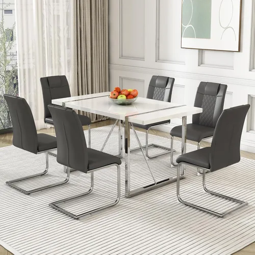 Vista 10 de Juego de mesa de comedor para 4, juego de mesa de cocina rectangular de MDF blanco con sillas de comedor de cuero, juego de 4, juego de mesa