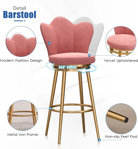Vista 6 de Juego de 4 taburetes giratorios de terciopelo rosa, modernos taburetes tapizados de altura de mostrador con respaldo para isla de cocina, sillas