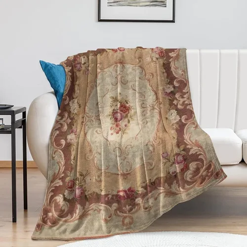 Vista 8 de Manta de franela de lana Aubusson francesa con rosas antiguas, 50 x 40 pulgadas, manta ligera y esponjosa para invierno y otoño, acogedora y suave