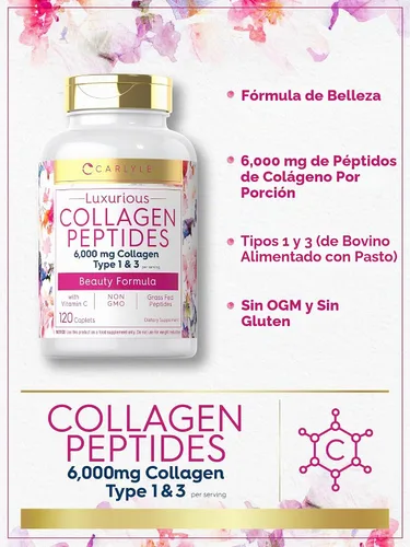 Vista 4 de Péptidos de colágeno Carlyle con vitamina C 6000mg 120 cápsulas Alimentado con pasto tipo I y III Fórmula de belleza Suplemento sin OMG, sin