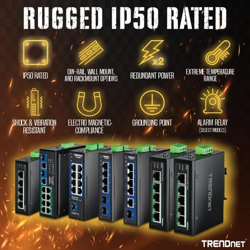 Vista 3 de TRENDnet Interruptor industrial de riel DIN Fast Ethernet de 5 puertos, TI-E50, 5 puertos Fast Ethernet, clasificación IP50, rango de funcionamiento