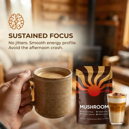 Vista 3 de Café de hongos – Mezcla de café de hongos con 10 hongos + colágeno – Mezcla de café instantáneo orgánico para energía equilibrada, concentración