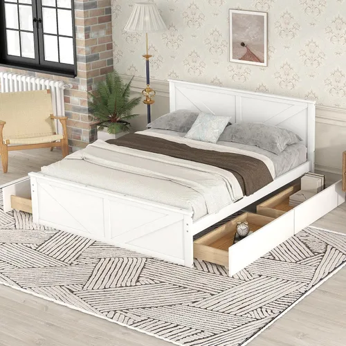 Vista 10 de Anwick Cama de plataforma de madera con 4 cajones de almacenamiento, base de cama de plataforma de madera maciza con cabecera y patas de apoyo
