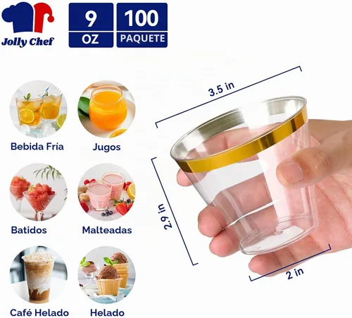 Vista 2 de JOLLY CHEF Paquete de 100 Vasos de Plástico Dorado, Tumblers de Plástico Transparente de 9 oz, Elegantes Vasos con Borde Dorado, Vasos Desechables