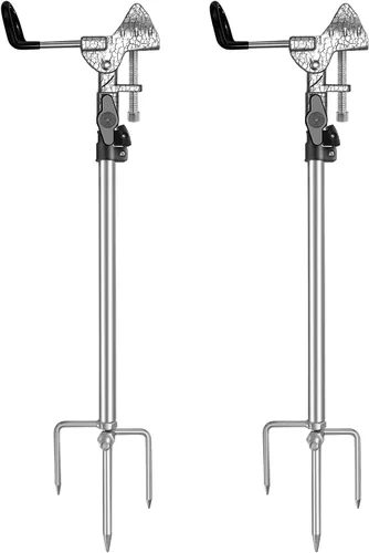 Vista 8 de Soporte para caña de pescar para suelo, paquete de 2, altura ajustable de 57-87cm, soporte para caña de pescar ajustable de 360 grados y fácil