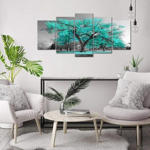 Vista 2 de Visual Art Decor Arte de pared de árbol turquesa, decoración turquesa para sala de estar, pintura de árbol, decoración de pared verde azulado