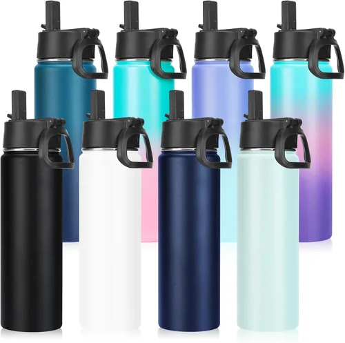 Vista 45 de Neihepal Botellas de agua aisladas de 22 onzas con tapa con popote a prueba de fugas, botella de agua de acero inoxidable de doble pared de boca