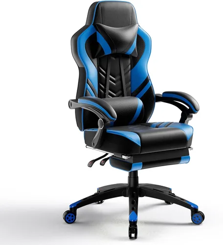 Vista 12 de POWERSTONE Silla de videojuegos con reposapiés y soporte lumbar, estilo carreras, piel sintética, ergonómica, ajustable, giratoria, color negro