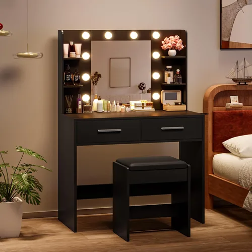 Vista 11 de YESHOMY Escritorio de tocador con espejo, mesa de maquillaje, negro oscuro