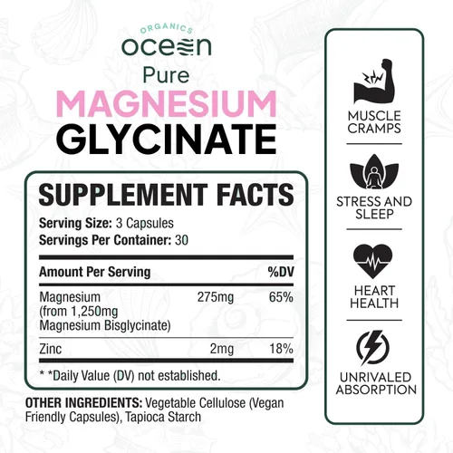 Vista 2 de Organics Ocean Glicinato de Magnesio Puro con Zinc - Suplemento de Magnesio Quelado de Máxima Potencia para Mujeres y Hombres para Calambres