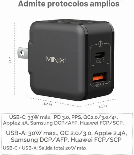 Vista 2 de MINIX P1 Mini Cargador USB C de 30 W, Cargador GaN de 33 W PPS de 2 Puertos con 1 Puerto USB-C, 1 Puerto USB-A con Enchufe Plegable, Compatible