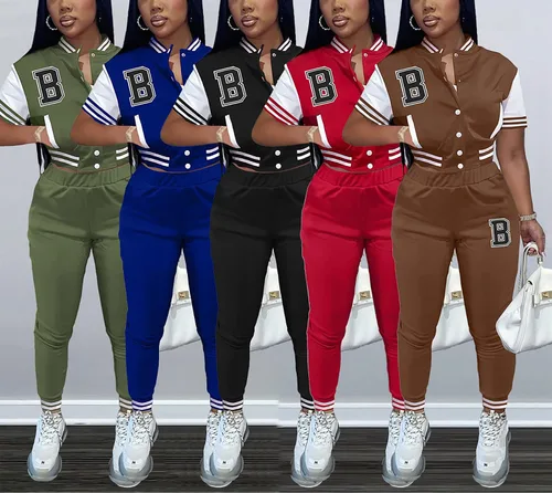 Vista 4 de Conjunto de 2 piezas para mujer, de manga larga, chaqueta de béisbol, pantalones deportivos con botones