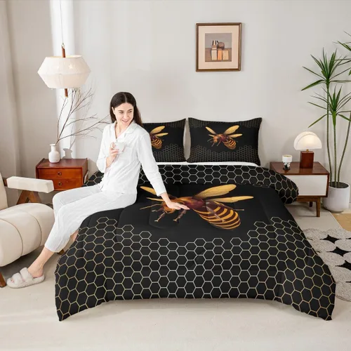 Vista 2 de Erosebridal Honey Bee - Juego de edredón tamaño individual, color negro y dorado, juego de edredón de animales lindos con diseño geométrico de panal