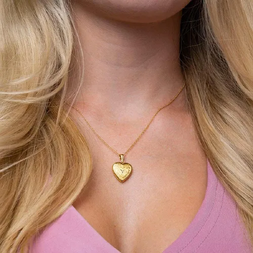 Vista 5 de PicturesOnGold.com Medallón de fotos de corazón floral relleno de oro de 14 quilates con diamante, 23 pulgadas x 23 pulgadas, incluye cadena de 18