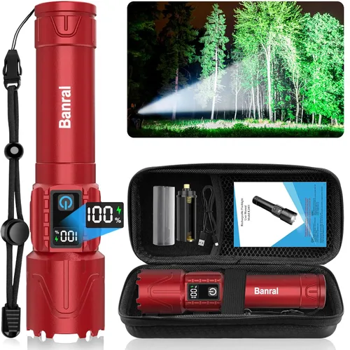 Vista 12 de Linternas tácticas recargables Banral de 2000 lúmenes altos - 5000mAh súper brillantes, linterna LED potente impermeable, linterna USB C portátil