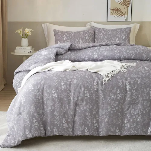 Vista 52 de Juego de funda de edredón blanca con estampado floral azul, juego de ropa de cama de algodón suave estilo bohemio, juego de ropa de cama estética