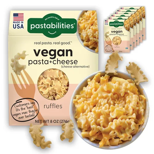 Vista 3 de Pastabilities Vegan Ruffles - Macarrones con queso - Tamaño familiar - Sirve 4, pasta a base de trigo, delicioso sabor, sin OMG, pasta y queso
