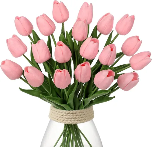 Vista 18 de 24 tulipanes rosas – Flores artificiales – Tulipanes artificiales de 13.5 pulgadas para el día de la madre, jarrón, centros de mesa, hogar, ramo