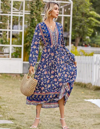 Vista 4 de RVivimos Vestido midi de manga larga de algodón con cuello en V y botones para mujer con estampado floral bohemio