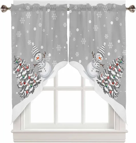 Vista 8 de BEMIGO Cortinas de cocina de Navidad, lindas cortinas de granja con muñeco de nieve azul, cenefa con bolsillo para barra de copos de nieve