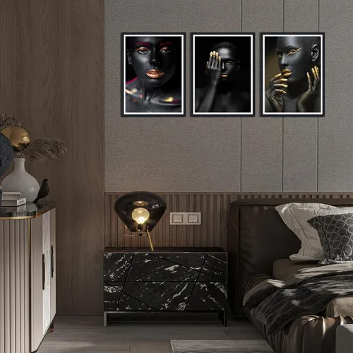Vista 3 de MAMAGO Lienzo decorativo para pared, pintura de belleza dorada y negra, fotos de mujeres africanas, hermosos pósteres de mujer negra, impresiones